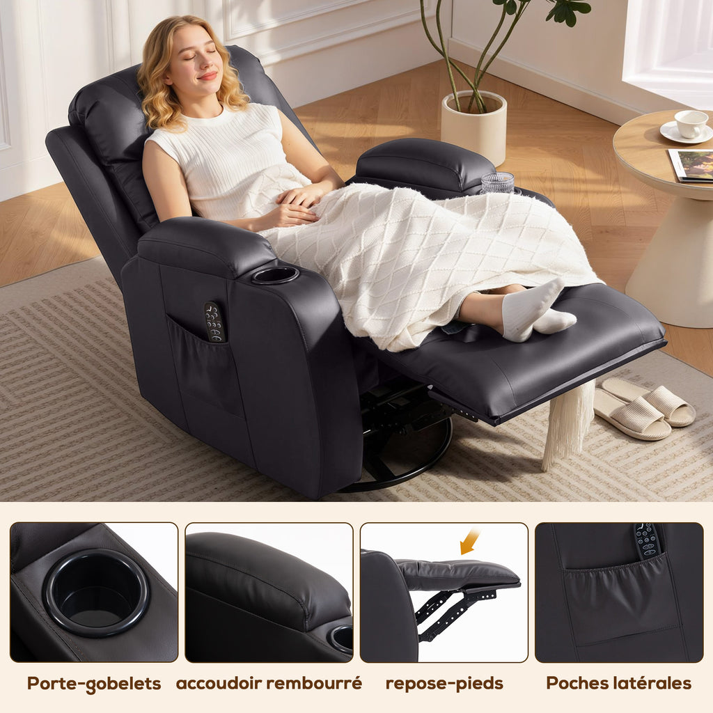 Fauteuil inclinable de massage et chauffage, fauteuil de relaxation, dossier réglable, pivotant 360°, 82x99x103cm, marron-6