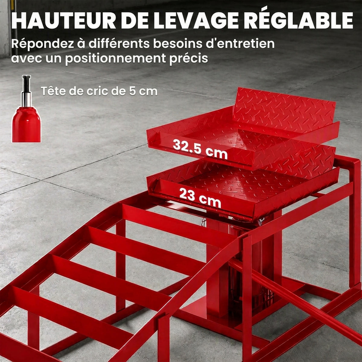 Lot de 2 Rampes d'Accès avec Cric Hydraulique 3T, Hauteur Réglable, Largeur d'Accès 230mm, 114x34,5x27cm, Rouge-3