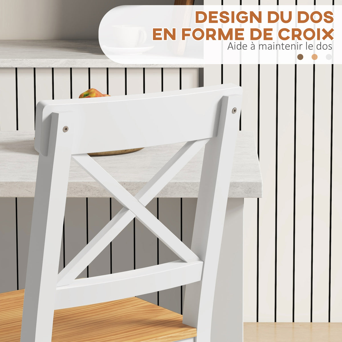 Lot de 2 tabourets de bar, chaises hautes campagne, dossier haut et repose-pieds, 41x46x97,5cm, blanc et bois naturel-4