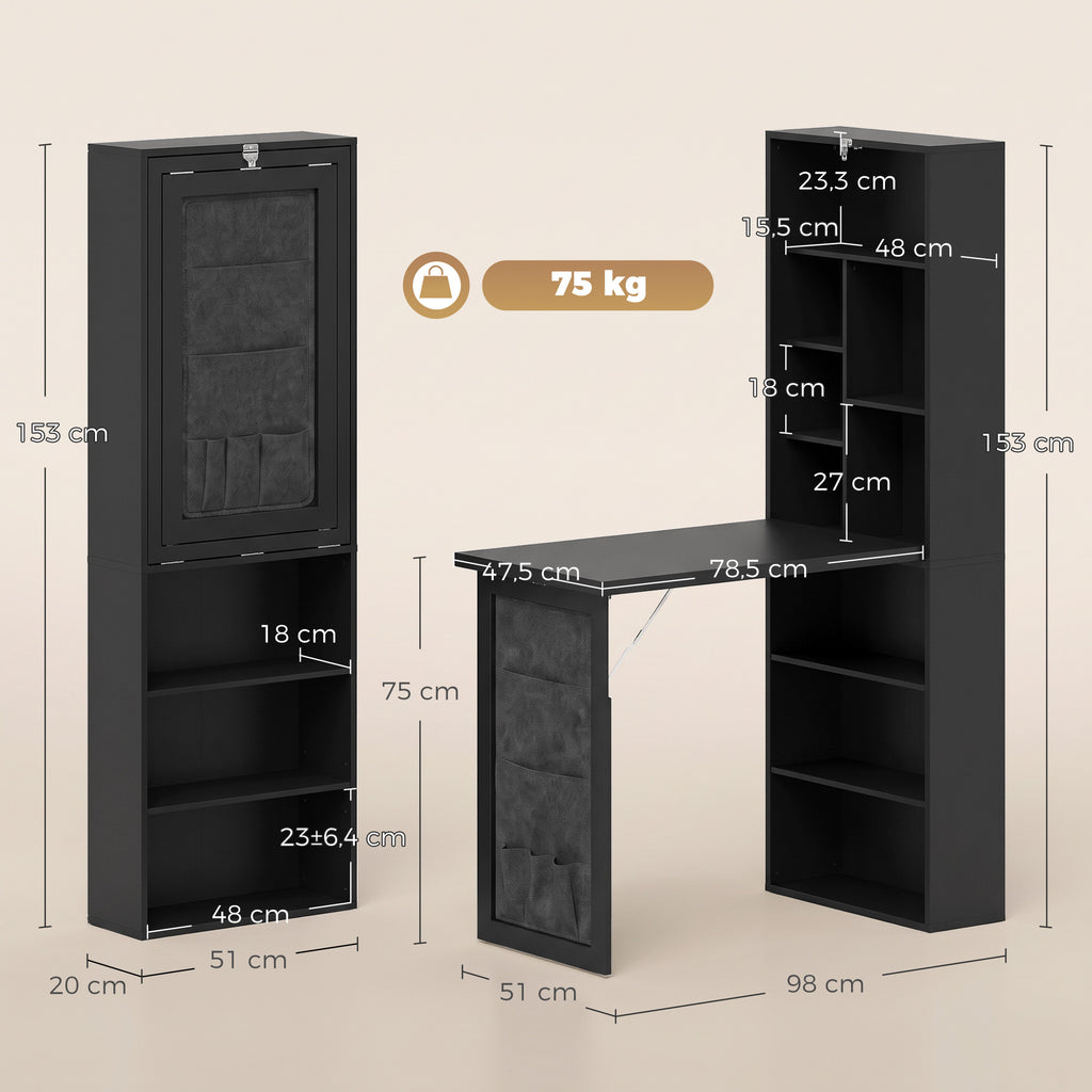 Bureau Informatique Pliable avec Pochette Suspendue, Compartiments Ouverts et Étagère Réglable, Noir-2