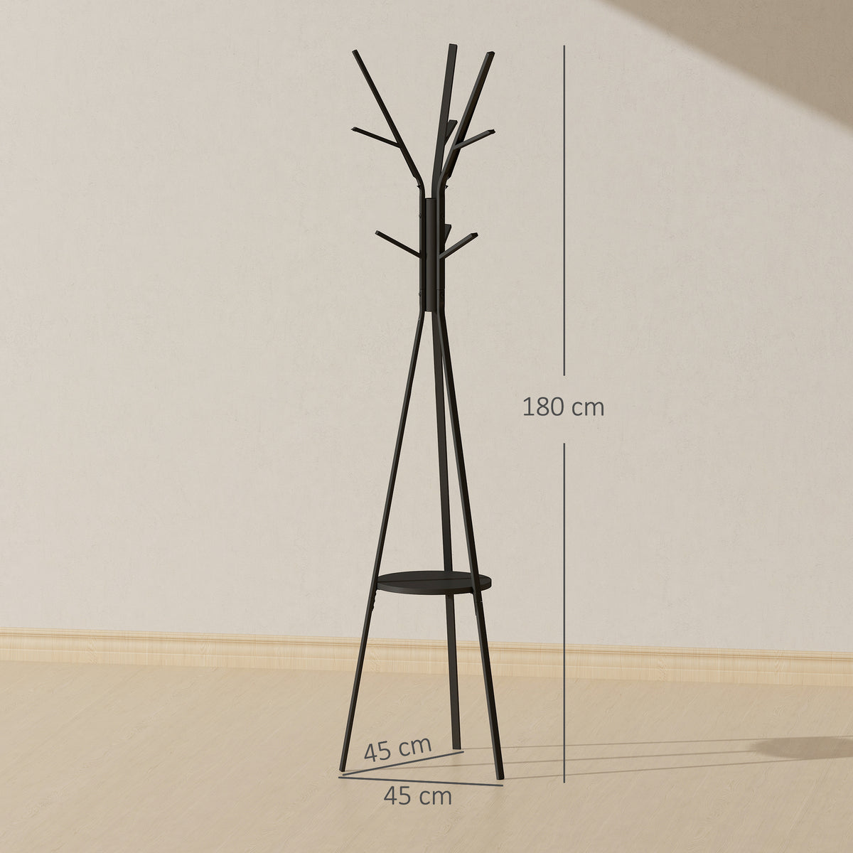 Porte-manteau trépied design contemporain branches étagère + 9 patères dim. 45L x 45l x 180H cm métal noir-2
