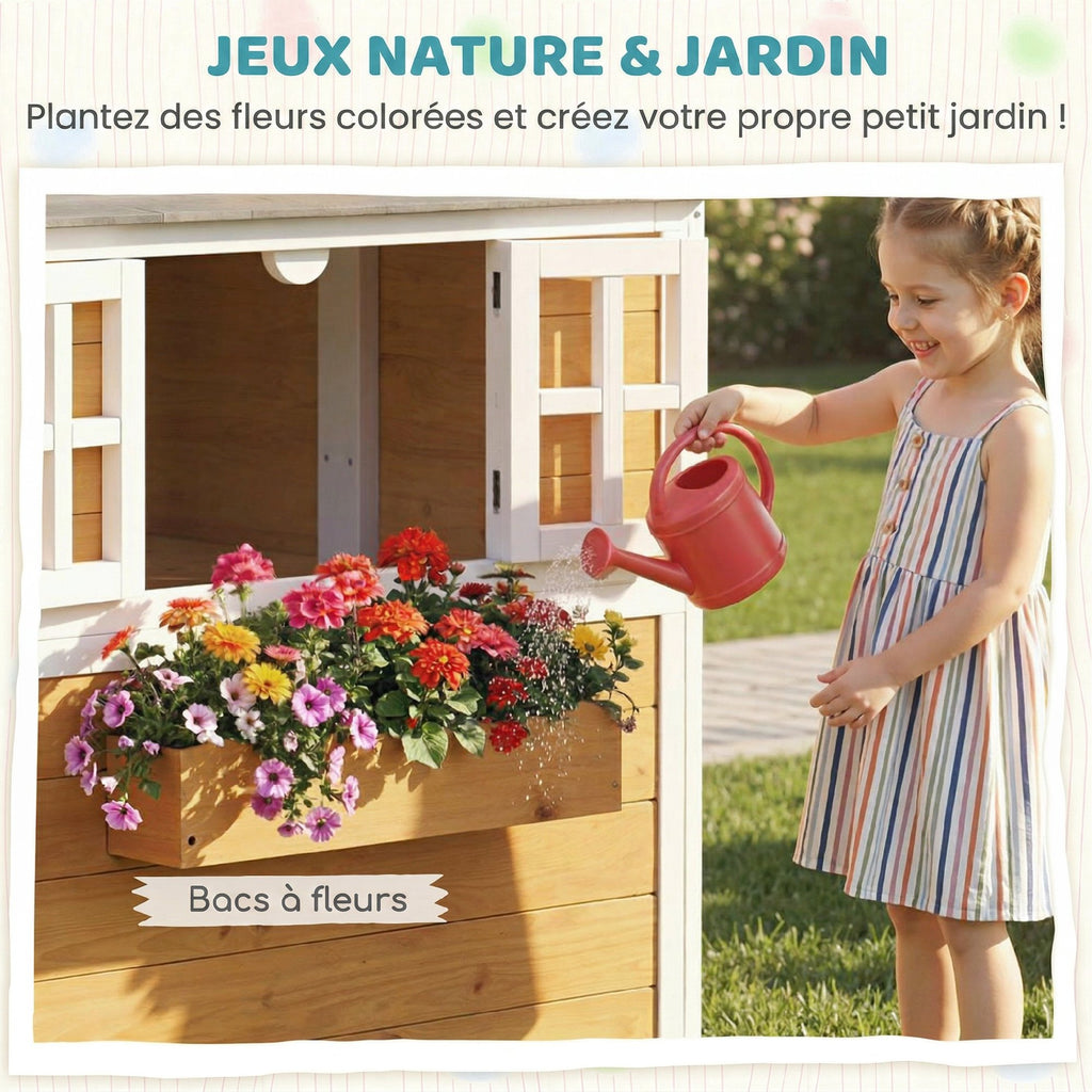 Cabane enfant extérieur en bois, maison enfant extérieure/intérieure avec porte, fenêtres, 3 bacs à fleurs, jaune-3