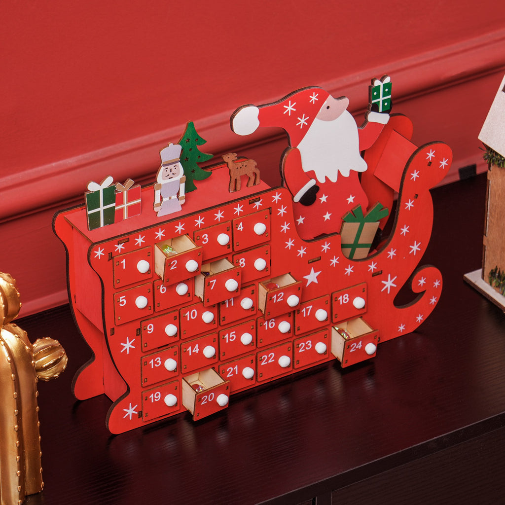 Calendrier de l'Avent à remplir en bois, décoration de Noël avec 24 tiroirs, Père Noël et traîneau, 22,5x8x36cm, rouge-6