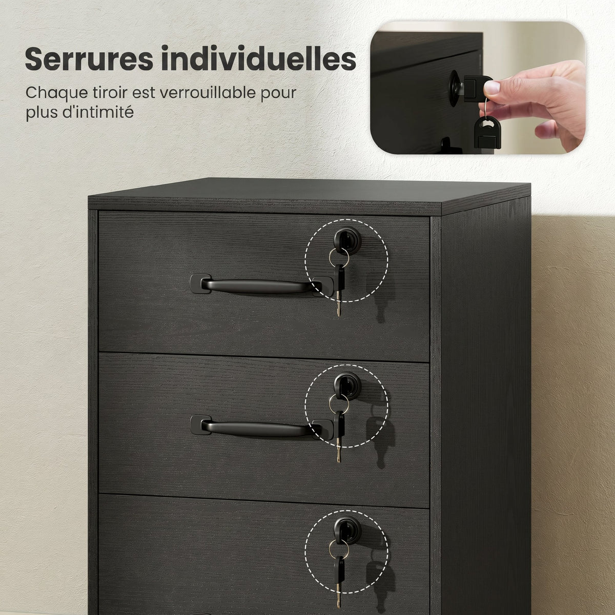 Caisson de Bureau Mobile avec 3 Tiroirs Verrouillables, Caisson de Rangement sur Roulettes, 40 x 40 x 69,5 cm, Noir-6