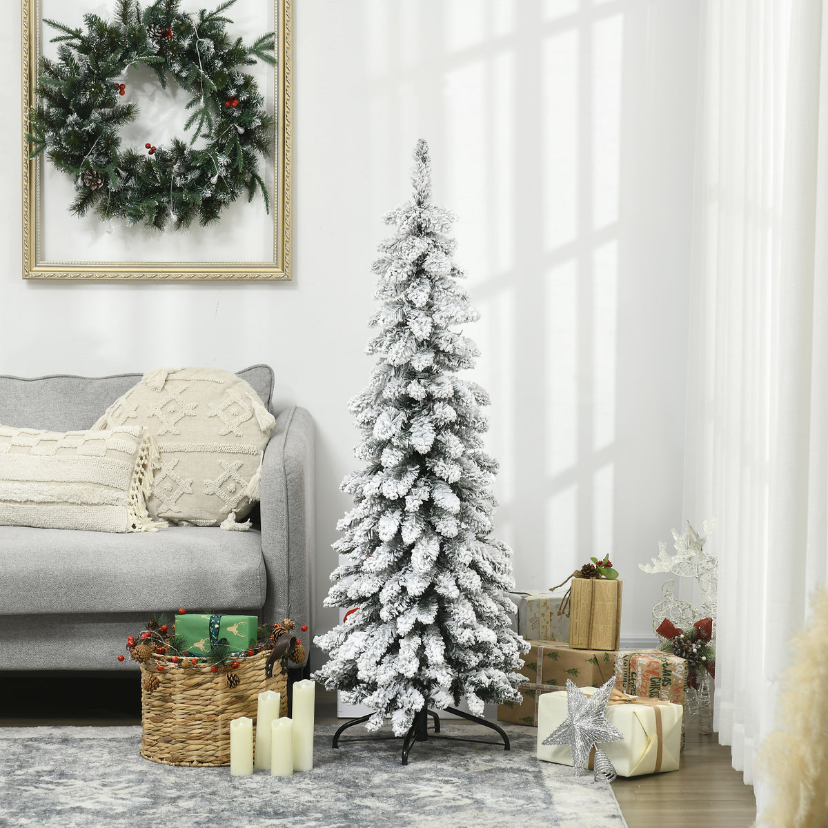Arbre de Noël artificiel avec support en acier 253 branches enneigées socle pliable hauteur 135 cm vert-9