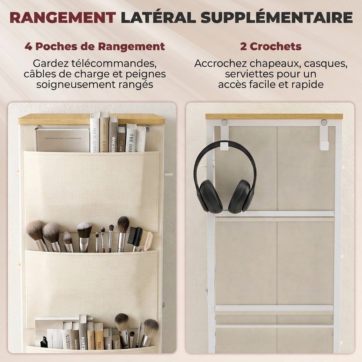 Commode 4 tiroirs en tissu, meuble de rangement avec 4 poches, 2 crochets, structure en acier, 45 x 30 x 94,5 cm, Beige-4