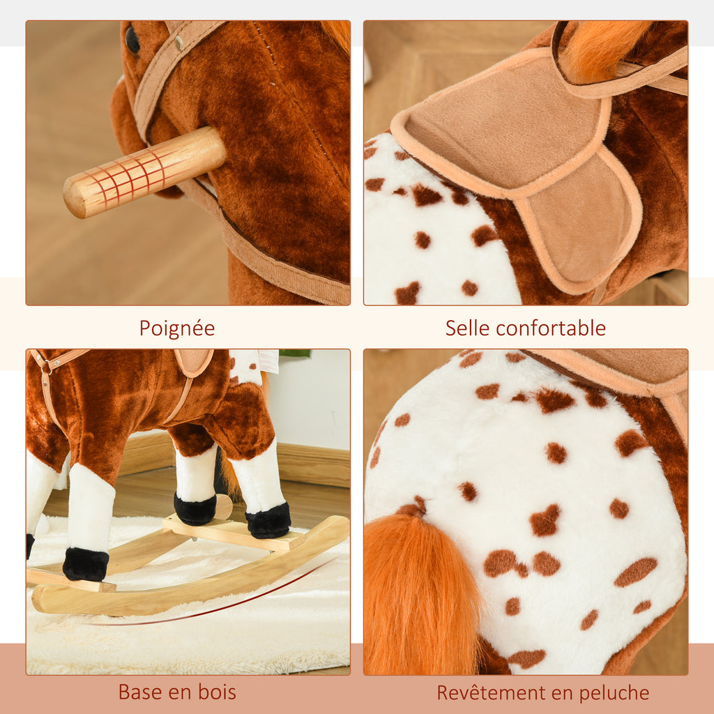 Cheval à Bascule en Bois et Peluche pour Enfant Cheval de Cowboy peluche Pour Enfants de 3-6 Ans Jouet balançoire avec Effet sonore Selle rênes Marron Blanc-6