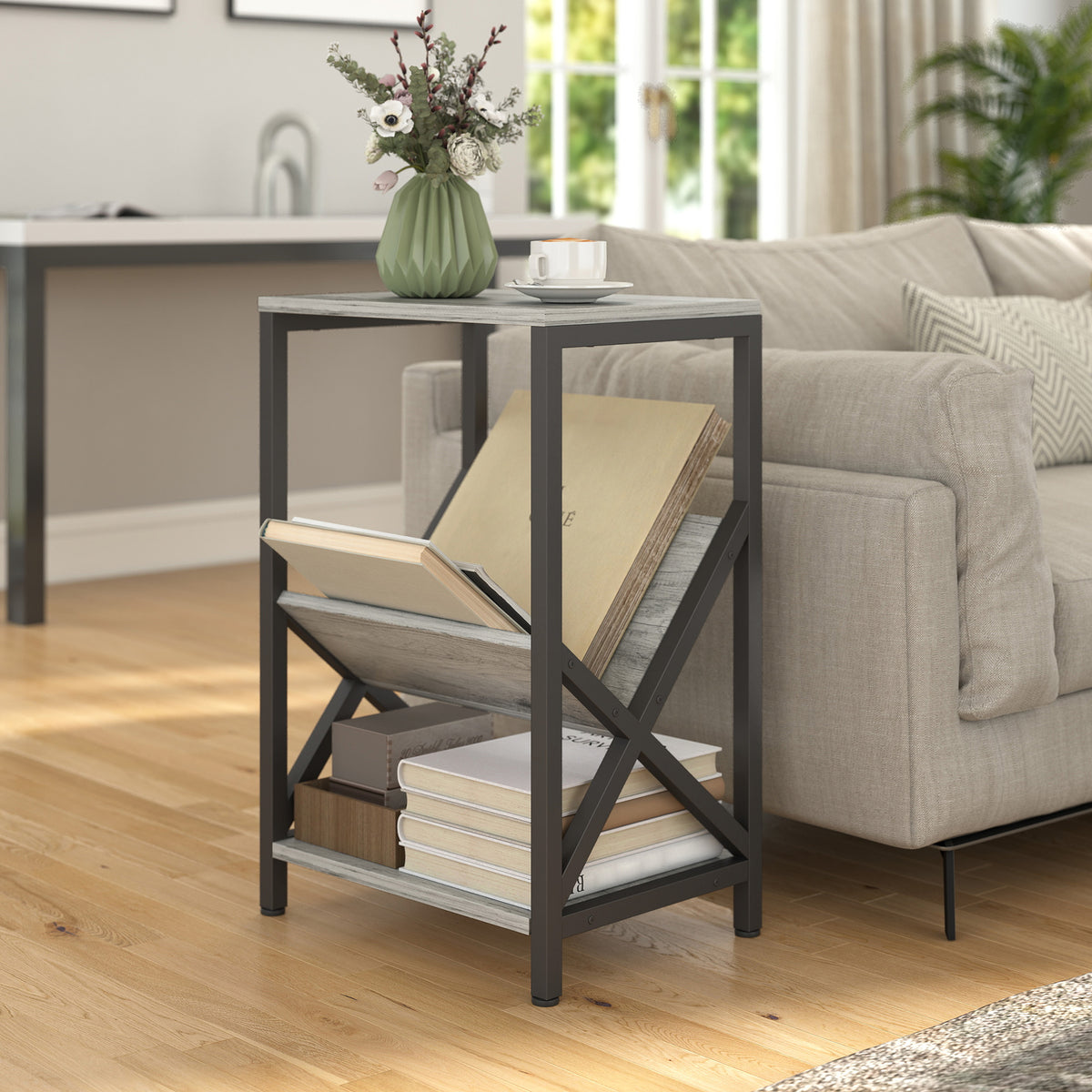Table d'appoint étroite, bout de canapé rangement à 3 niveaux, porte-revues en V, cadre en acier, 40x30x61cm, gris foncé-1