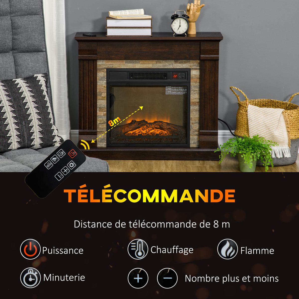 Cheminée électrique, cheminée décorative 1800W effet flamme, luminosité et température réglables, 80x21,6x67,8cm, marron-5