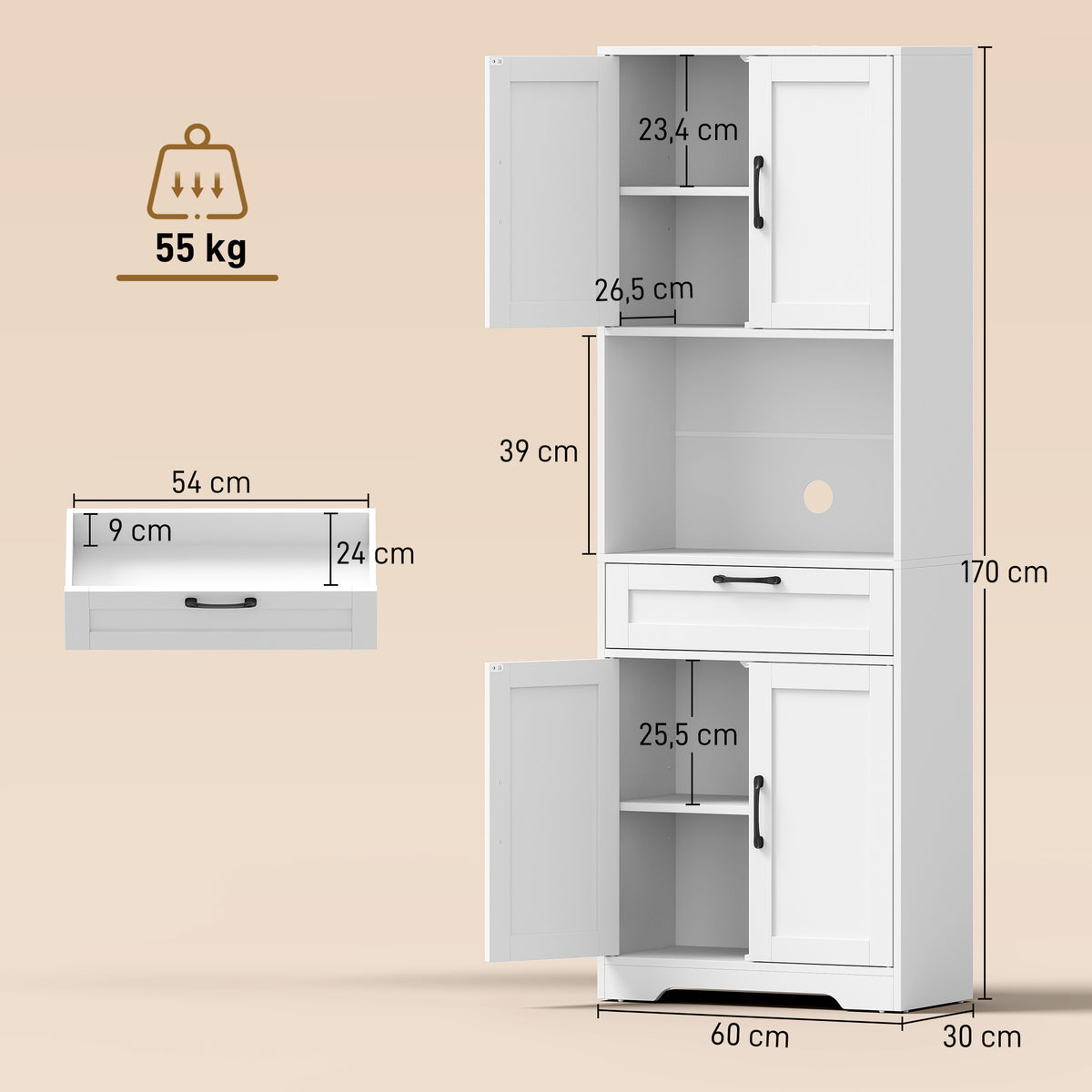 Buffet Haut Cuisine, Armoire Cuisine, 4 Portes à Fermeture Douce, Tiroir, Compartiment Ouvert, Étagères Réglables, Blanc-2