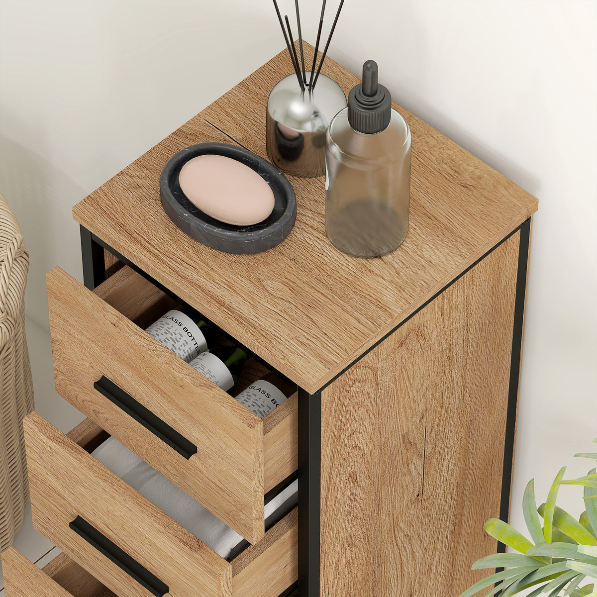 Meuble de salle de bain étroit avec 4 tiroirs et structure en acier, 30 x 30 x 82 cm, chêne-8
