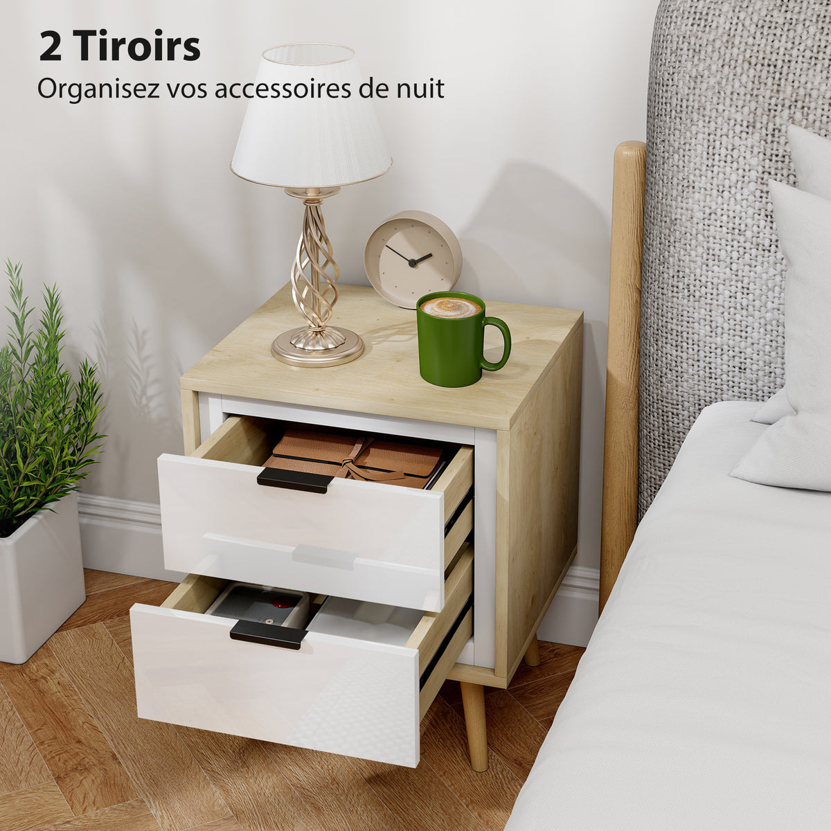 Table de chevet étroite, table d'appoint 2 tiroirs silencieux et pieds en bois massif, 40 x 35 x 50 cm, blanc brillant-3