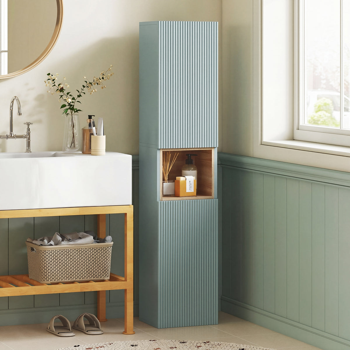 Meuble colonne salle de bain, meuble de rangement, 2 portes, compartiment et étagères réglables, 30x24x140cm, vert-1
