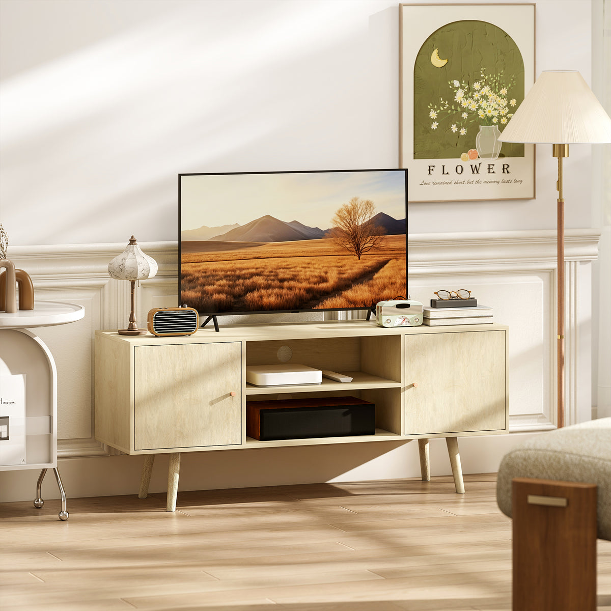 Meuble TV meuble télé pour téléviseur jusqu'à 55 pouces 2 placards et 2 étagères ouvertes 120x34x50cm effet bois naturel-9