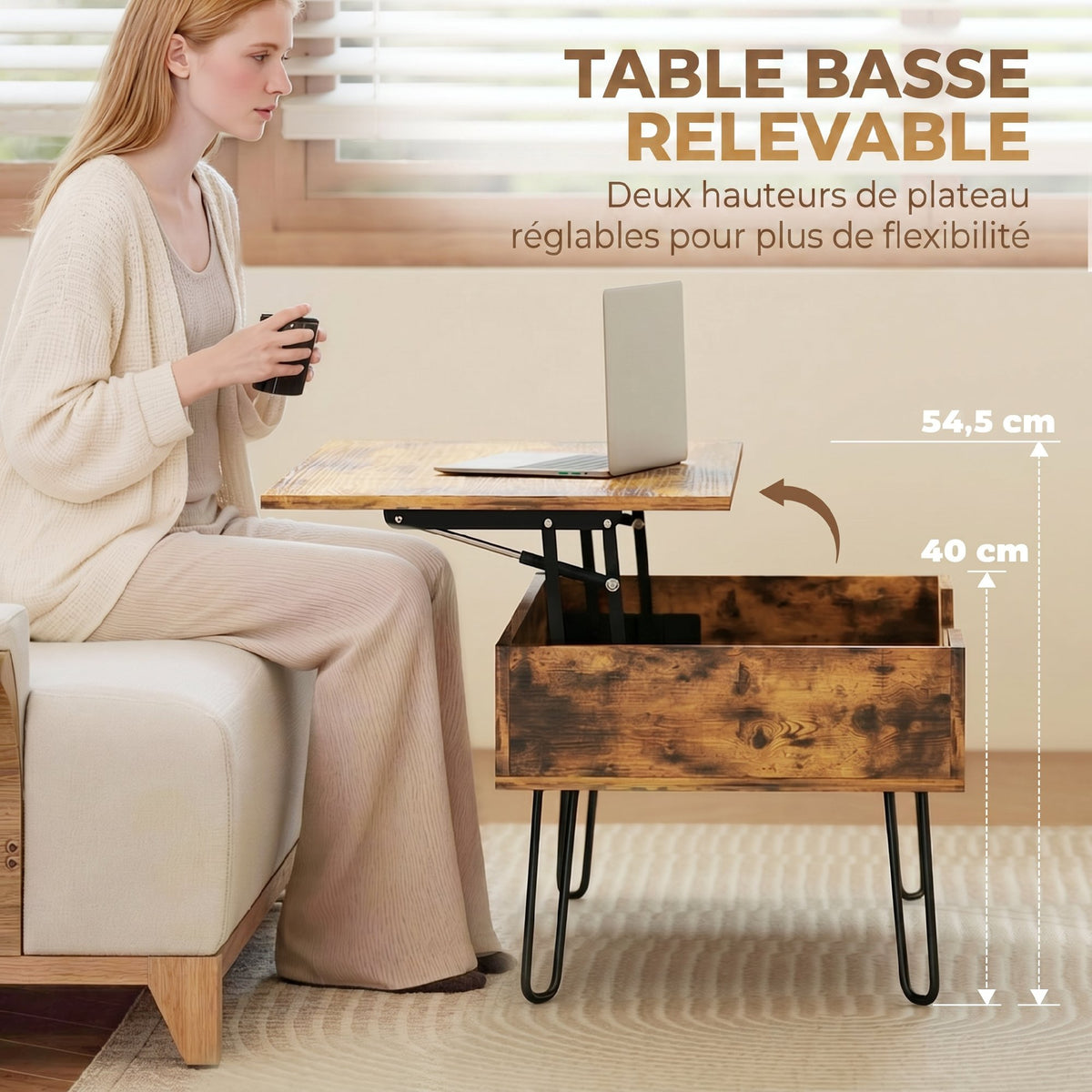 Table Basse Relevable en Bois avec Grand Rangement Caché, Hauteur Réglable, 95 x 50 x 40 cm, Marron Rustique-3