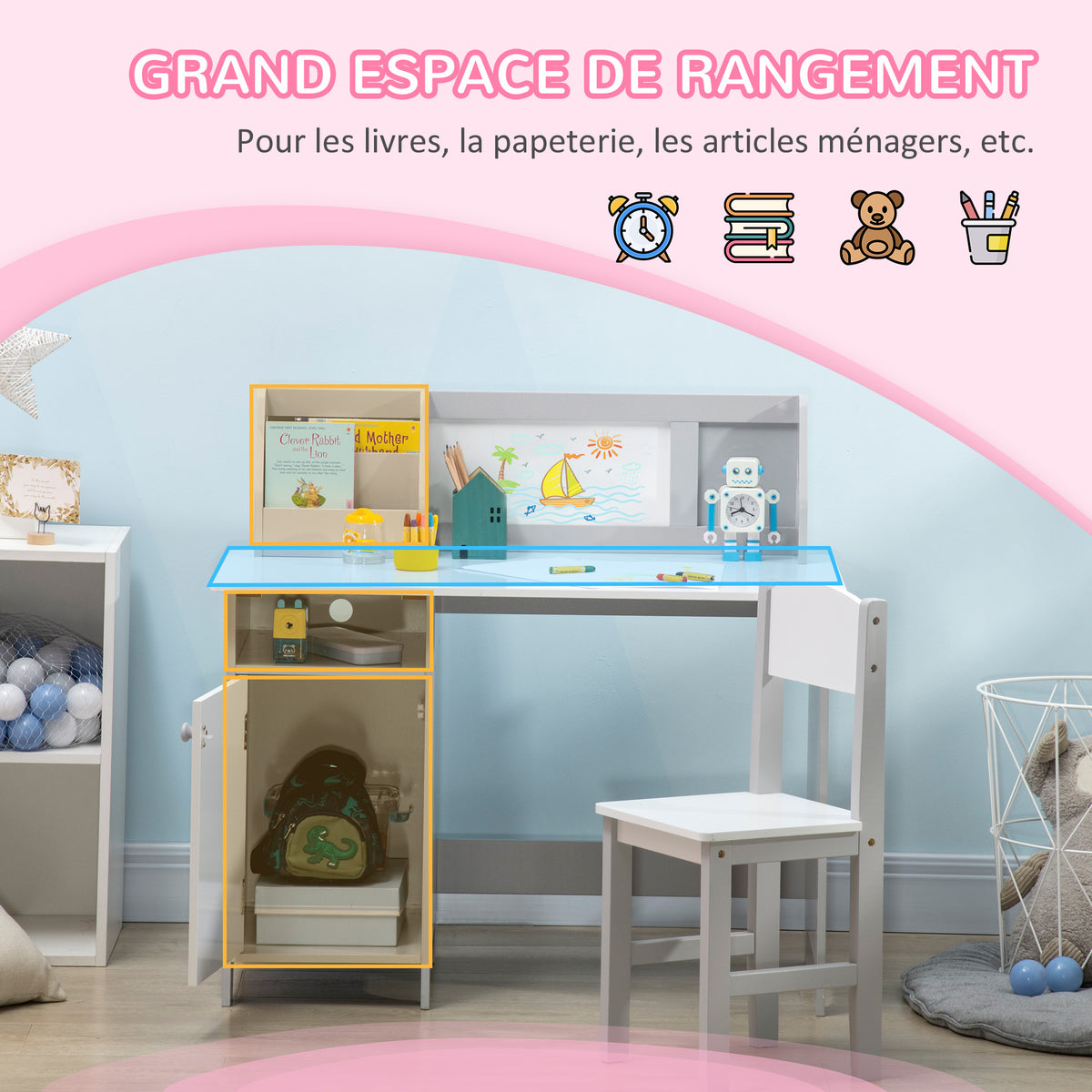 Ensemble table et chaise pour enfant avec tableau blanc - bureau pour enfant +5 ans - 90L x 45l x 85H cm Gris-3