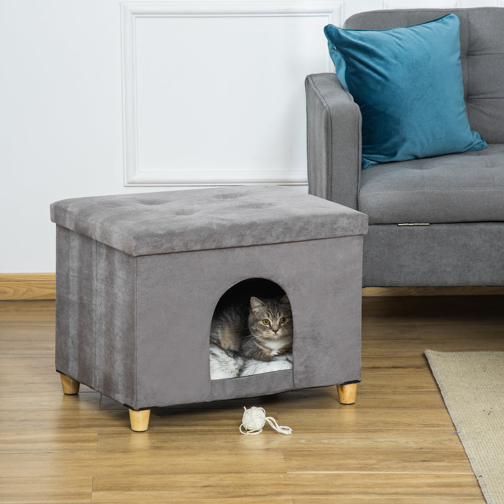Niche chat maison de chat design surélevé avec coussin amoviable et lavable en peluche doux repose-pieds, dessus ouvrable, gris-1