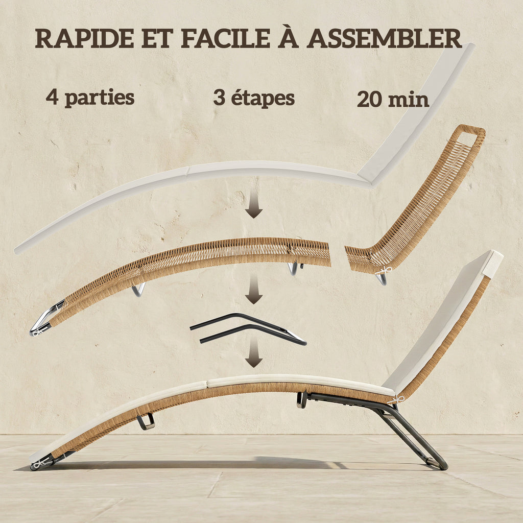 Bain de soleil en résine tressée transat de jardin design en S courbe naturelle structure robuste acier coussin crème-7