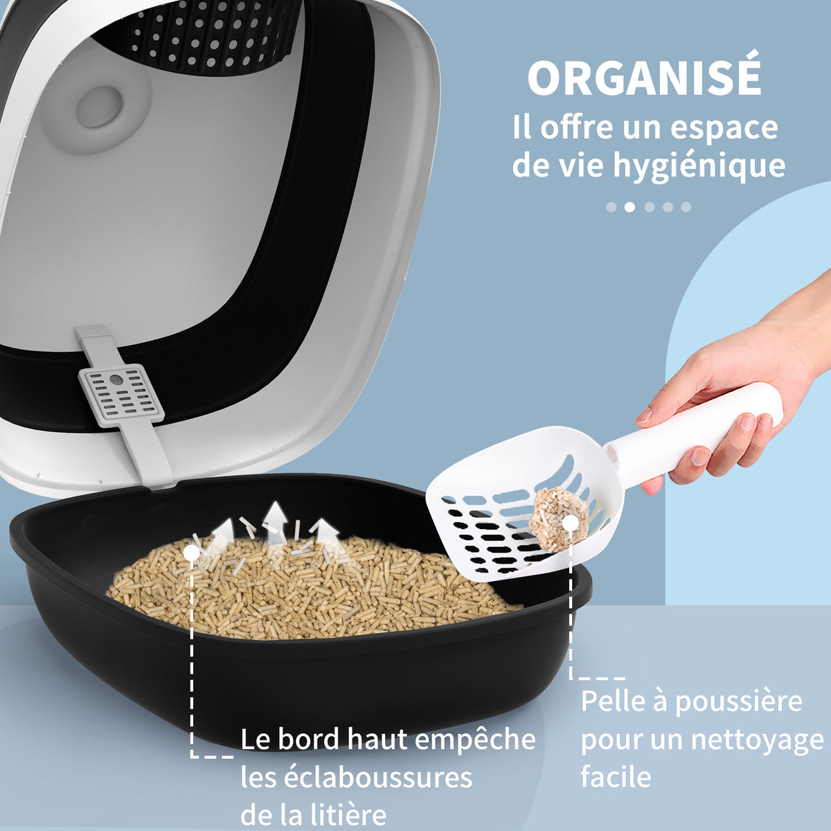 bac à litière pour chat pliable porte battante lucarne + pelle fournis noir blanc-4