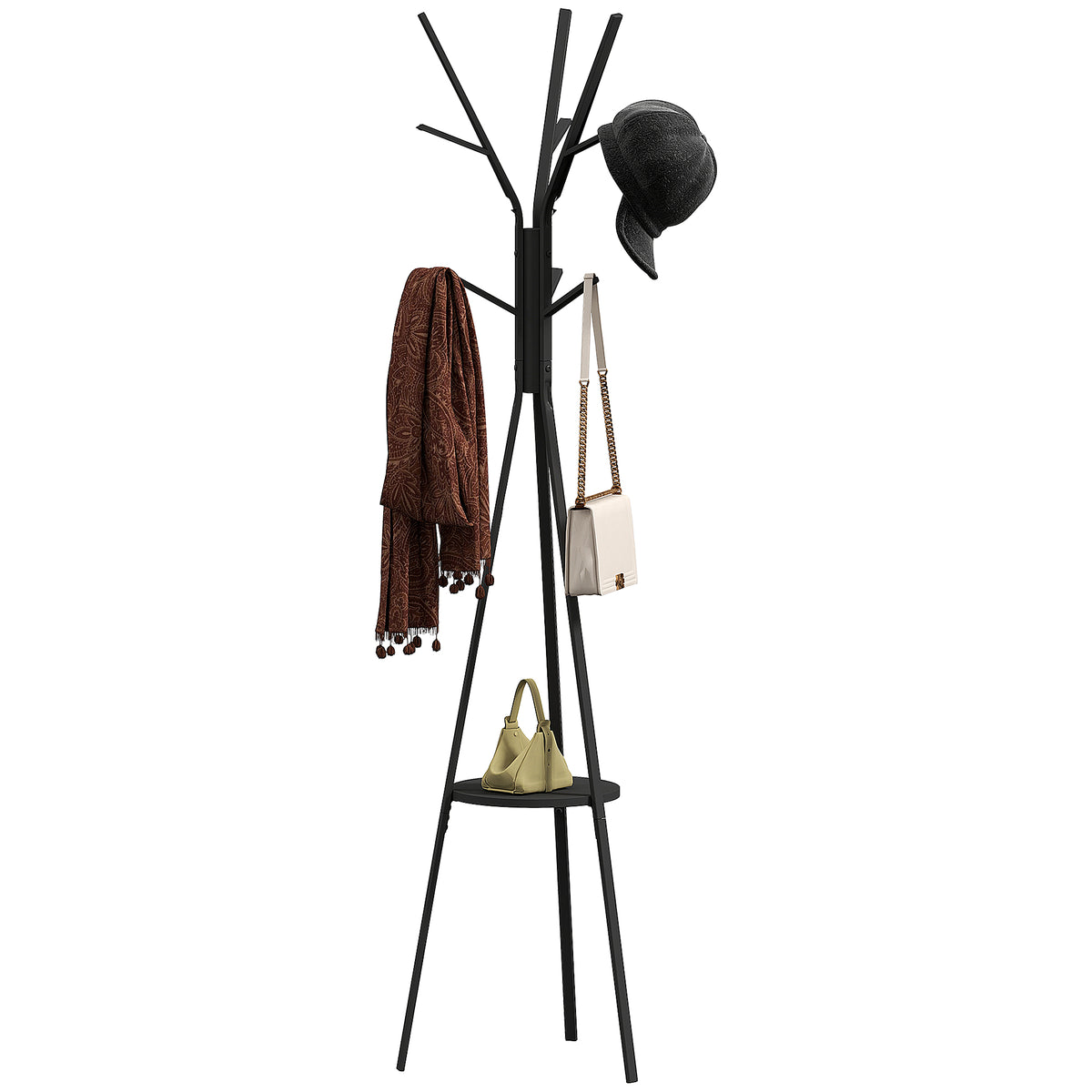 Porte-manteau trépied design contemporain branches étagère + 9 patères dim. 45L x 45l x 180H cm métal noir-0