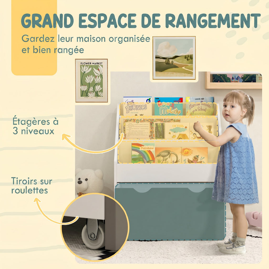 Bibliothèque pour enfants Multi-Rangement avec 3 niveaux d'étagères et un tiroir, 62,5L x 30l x 70H cm, gris et blanc-3