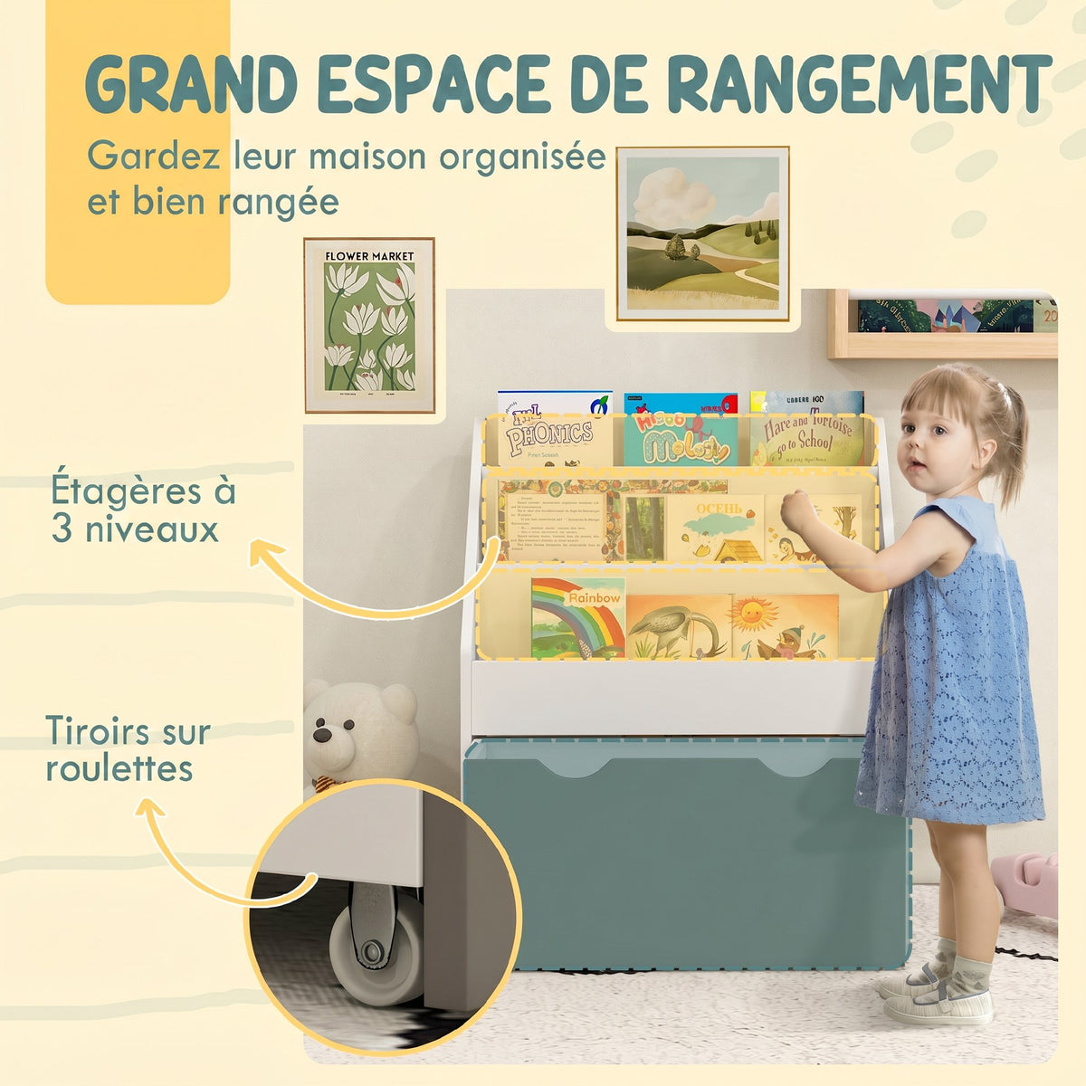 Bibliothèque pour enfants Multi-Rangement avec 3 niveaux d'étagères et un tiroir, 62,5L x 30l x 70H cm, gris et blanc-3