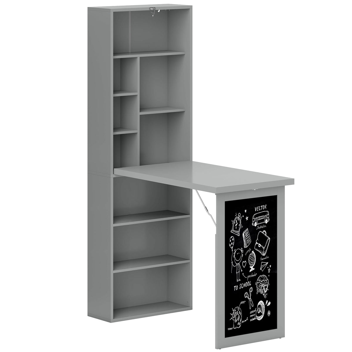 Bureau avec rangement pliable murale rabattable avec bibliothèque poste de travail tableau à craie et étagère réglable-0