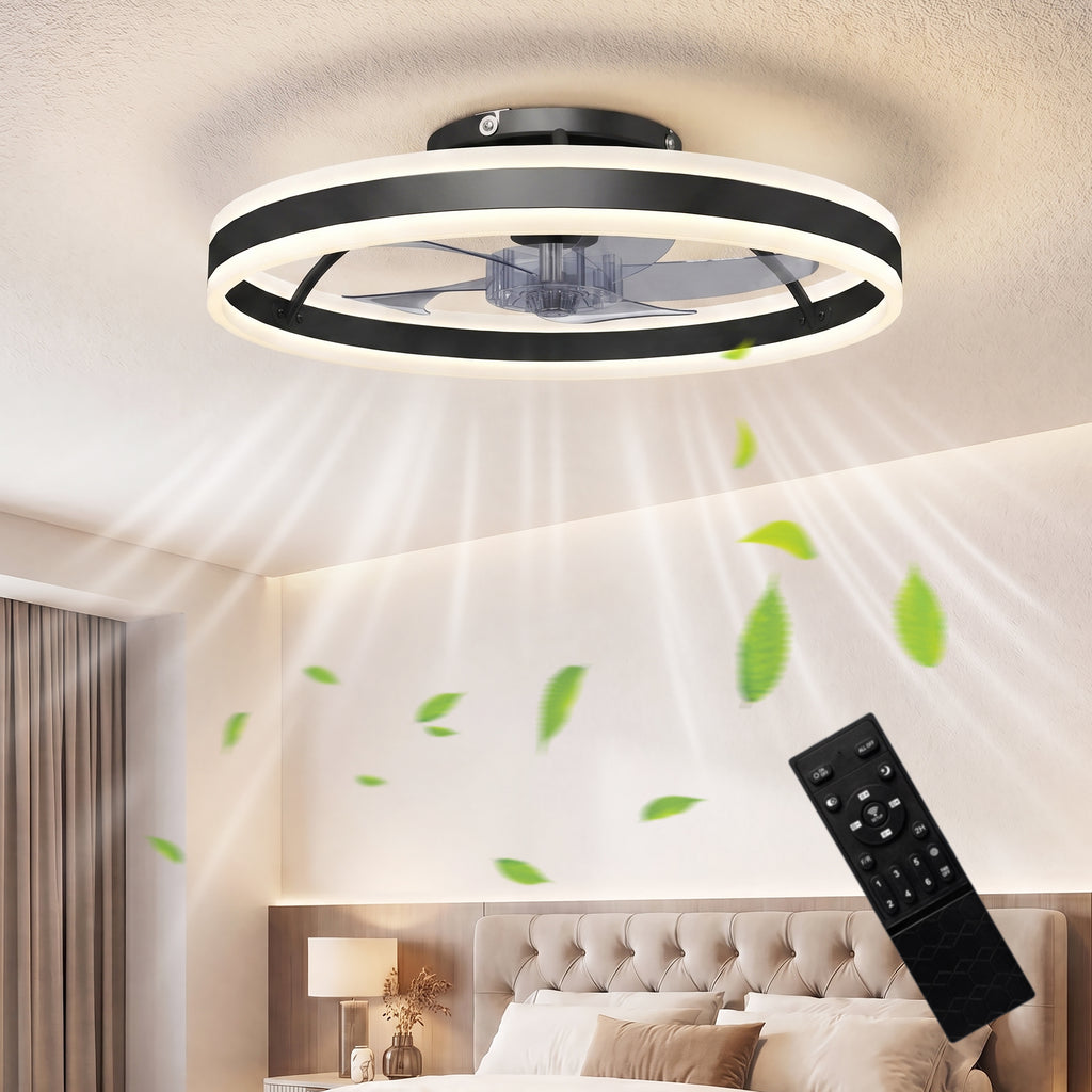 Ventilateur de plafond avec lumière et télécommande, plafonnier ventilateur 50 cm avec 6 vitesses, noir-1