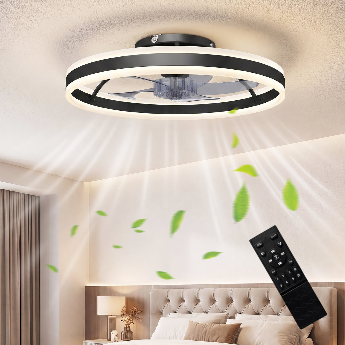 Ventilateur de plafond avec lumière et télécommande, plafonnier ventilateur 50 cm avec 6 vitesses, noir-1