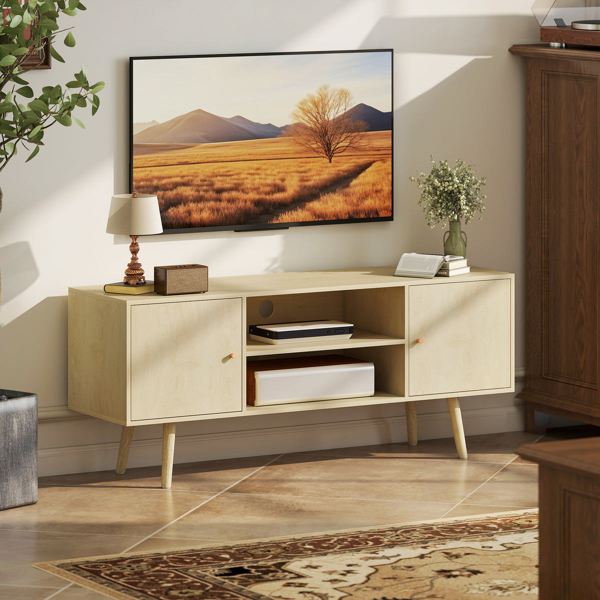 Meuble TV meuble télé pour téléviseur jusqu'à 55 pouces 2 placards et 2 étagères ouvertes 120x34x50cm effet bois naturel-8