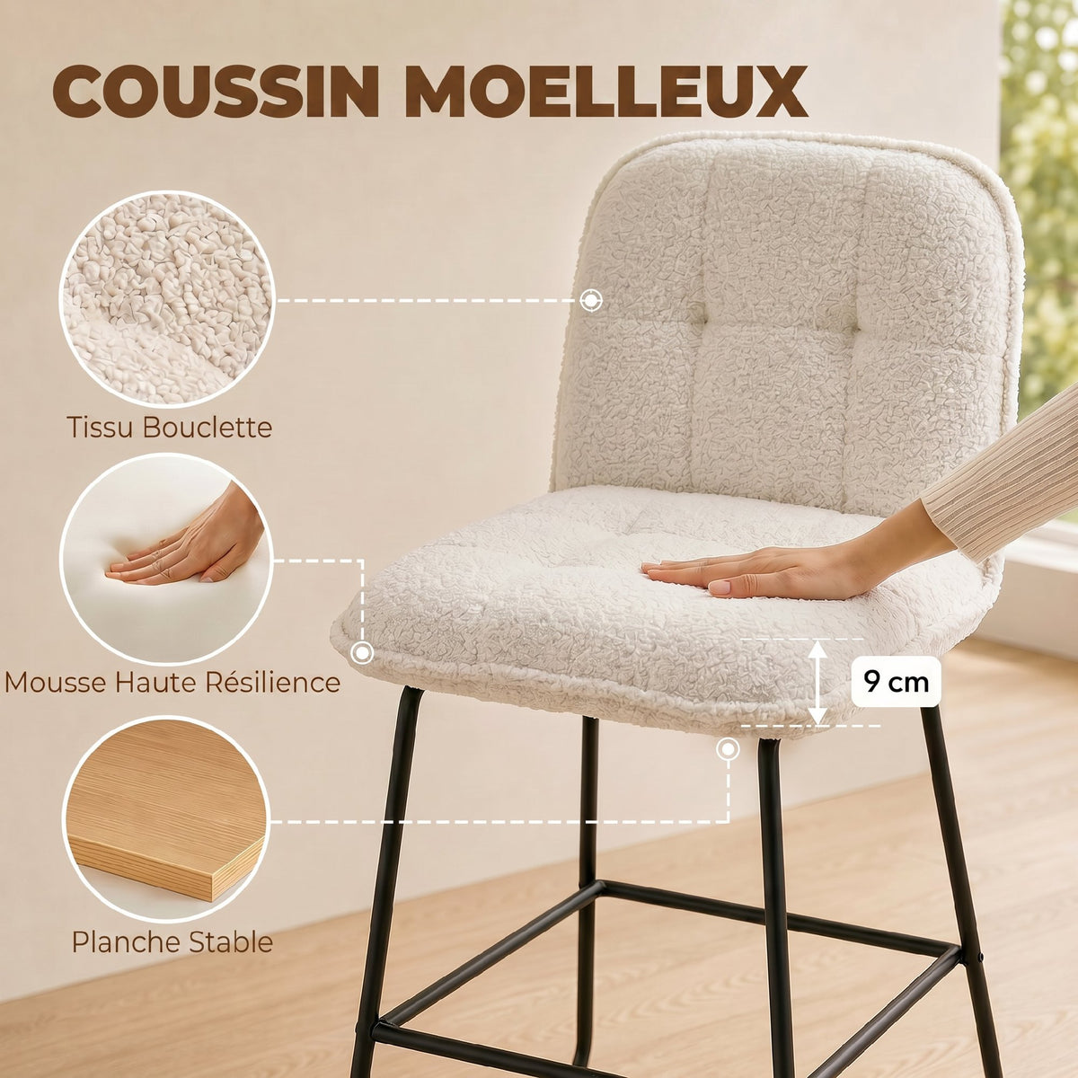Lot de 2 Tabourets de Bar, Chaises de Bar Rembourrées en Tissu Bouclette, Extra-Large Assise 66H cm, Crème-5