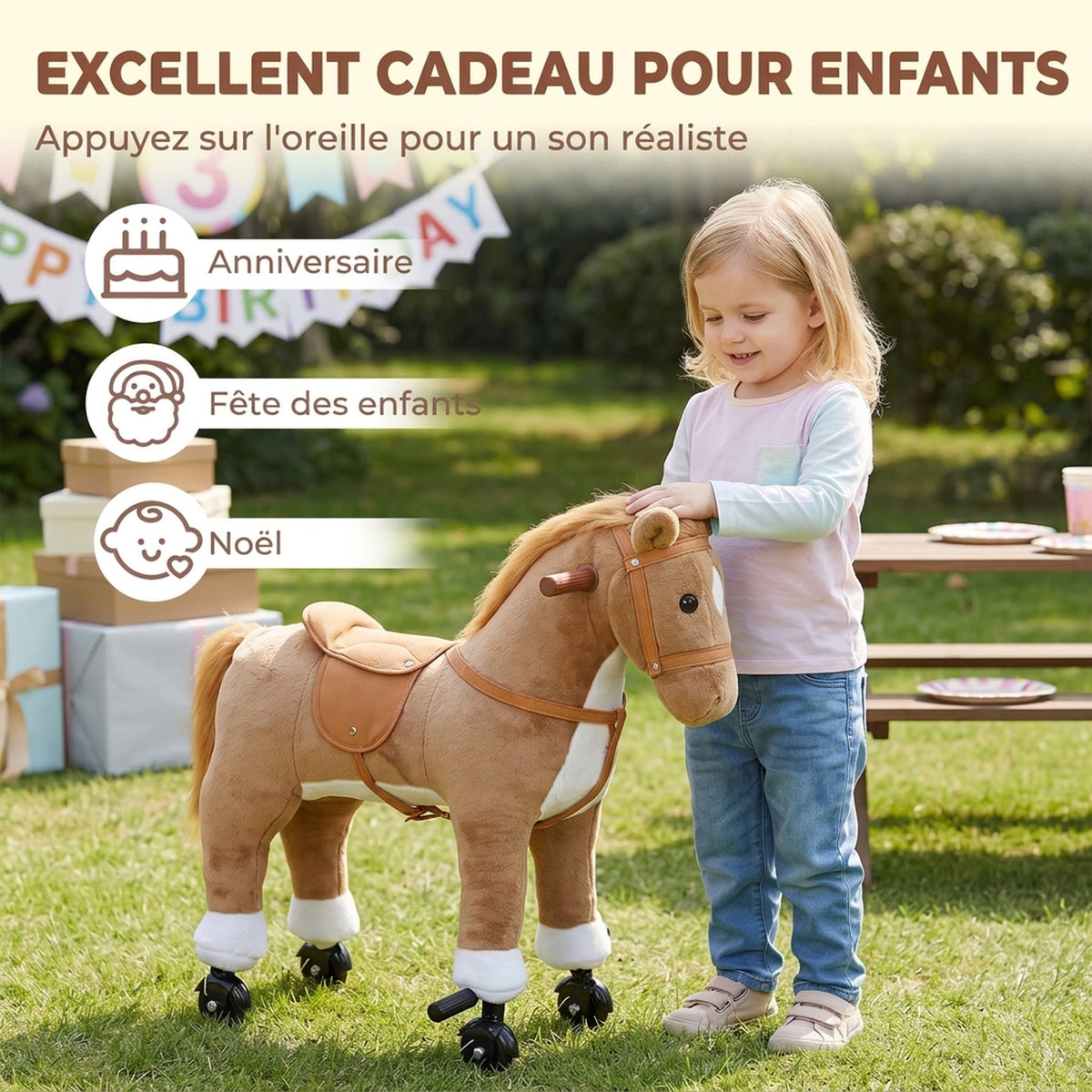 Cheval à Monter pour Enfant sur Roulettes en Peluche, Musique, Effet Sonore, Pédale, Poignée, 73x40x66cm, Marron-8