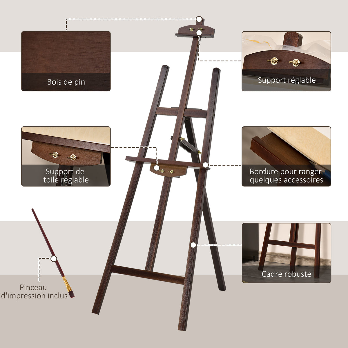 Chevalet d'artiste sur pieds dim. 51,5L x 71,5l x 134,5H cm inclinaison réglable 90° max. bois de pin-4
