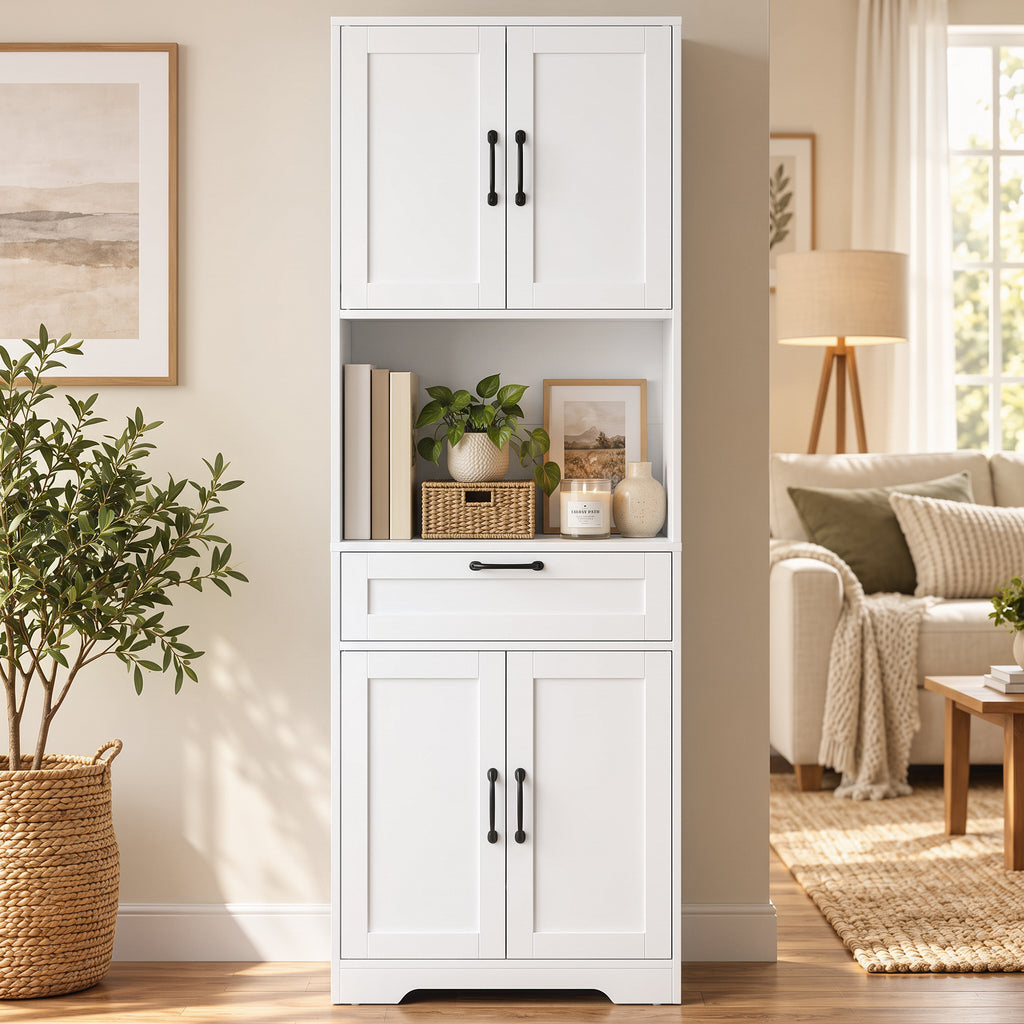 Buffet Haut Cuisine, Armoire Cuisine, 4 Portes à Fermeture Douce, Tiroir, Compartiment Ouvert, Étagères Réglables, Blanc-8