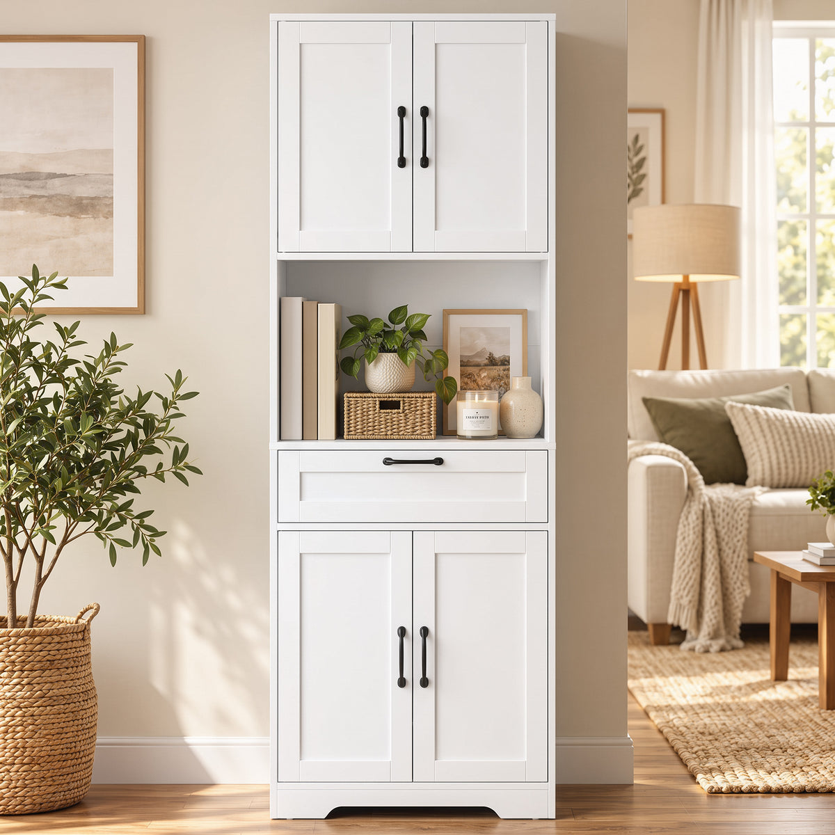 Buffet Haut Cuisine, Armoire Cuisine, 4 Portes à Fermeture Douce, Tiroir, Compartiment Ouvert, Étagères Réglables, Blanc-8