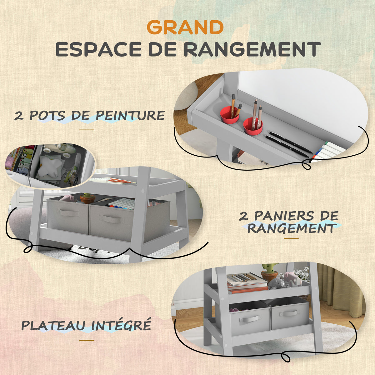 Tableau chevalet enfant 3 en 1 avec tableau blanc magnétique, tableau à craie, rouleau papier, 2 paniers, 3-6 ans, gris-4