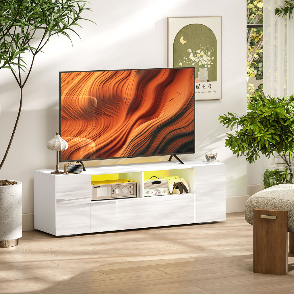Meuble TV, banc TV, meuble de télévision, jusqu'à 60 pouces, avec lumières LED, 2 étagères et placards, panneau de porte brillant, 137 x 35 x 42 cm, blanc-1
