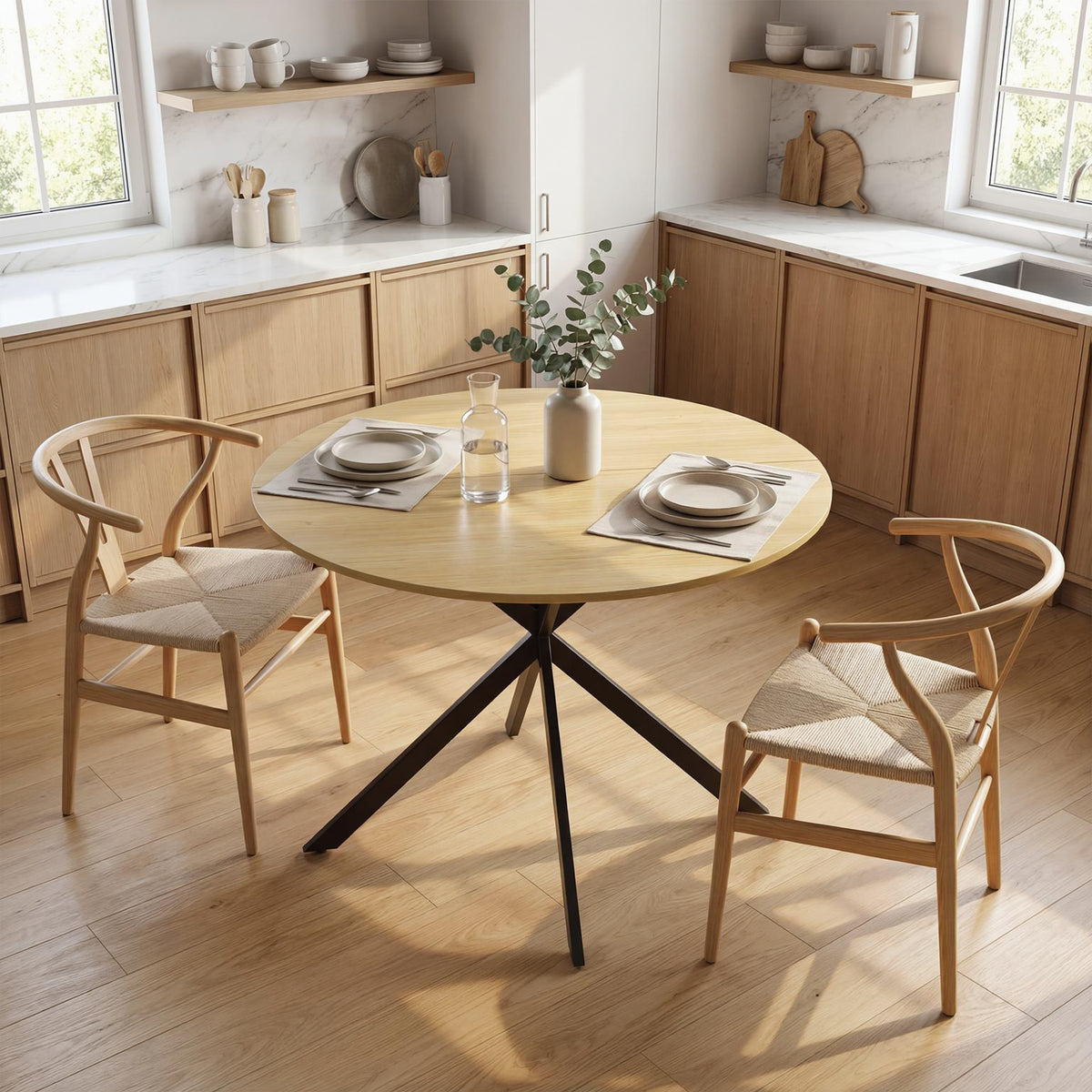 Table à Manger Ronde pour 4 Personnes 100 cm, Style Industriel avec Plateau Aspect Bois, Piètement Croisé en Acier Chêne-7