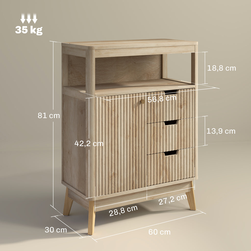 Buffet salon meuble de rangement avec placard à portes, étagère réglable et étagère ouvert, 60x30x81cm, bois naturel-2