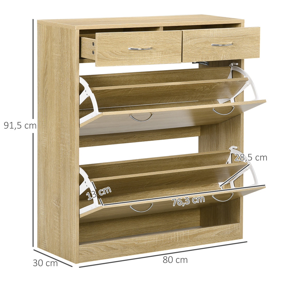 Meuble à chaussures 2 tiroirs et 2 portes abattantes avec étagère réglable 80 x 30 x 91,5 cm poignées alu. naturel-2