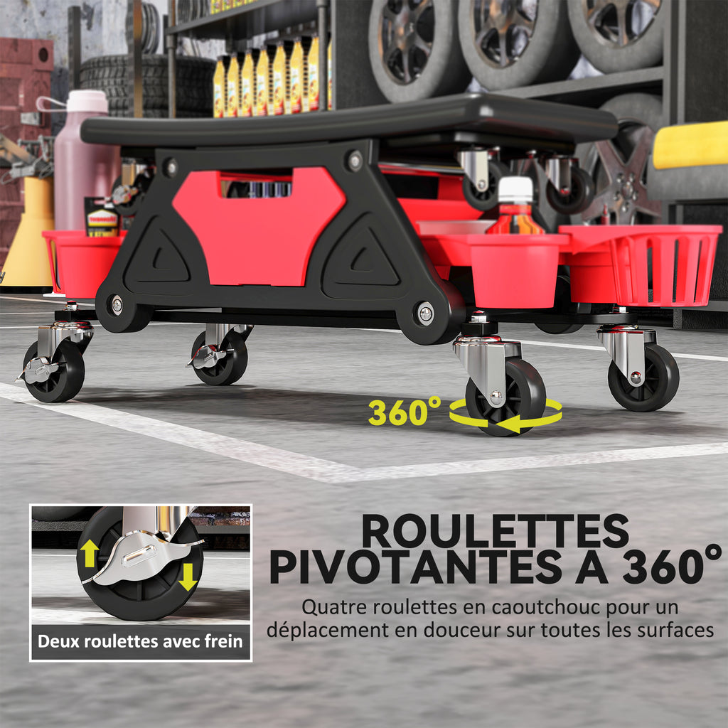 Tabouret d'atelier mobile 135 kg, tabouret de mécanicien avec roulettes rotatif à 360° avec plateaux, 86x33x33cm, rouge-5