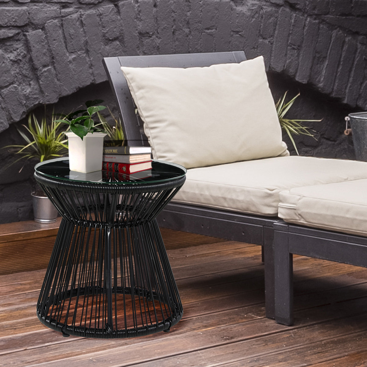 Table de jardin ronde en résine tressée imitation rotin table de bistrot métal plateau verre trempé Ø 40 x 42 cm noir-9