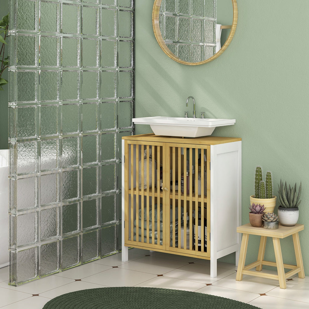 Meuble sous vasque 2 portes avec étagère réglable armoire de rangement pour lavabo 60 x 30 x 70 cm MDF et bambou-9