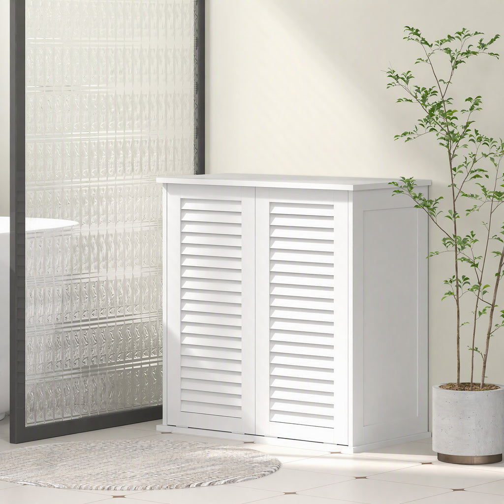 Meuble salle de bain avec panier à linge armoire salle de bain en bois portes persiennes 2 paniers 70 x 38 x 73 cm blanc-1