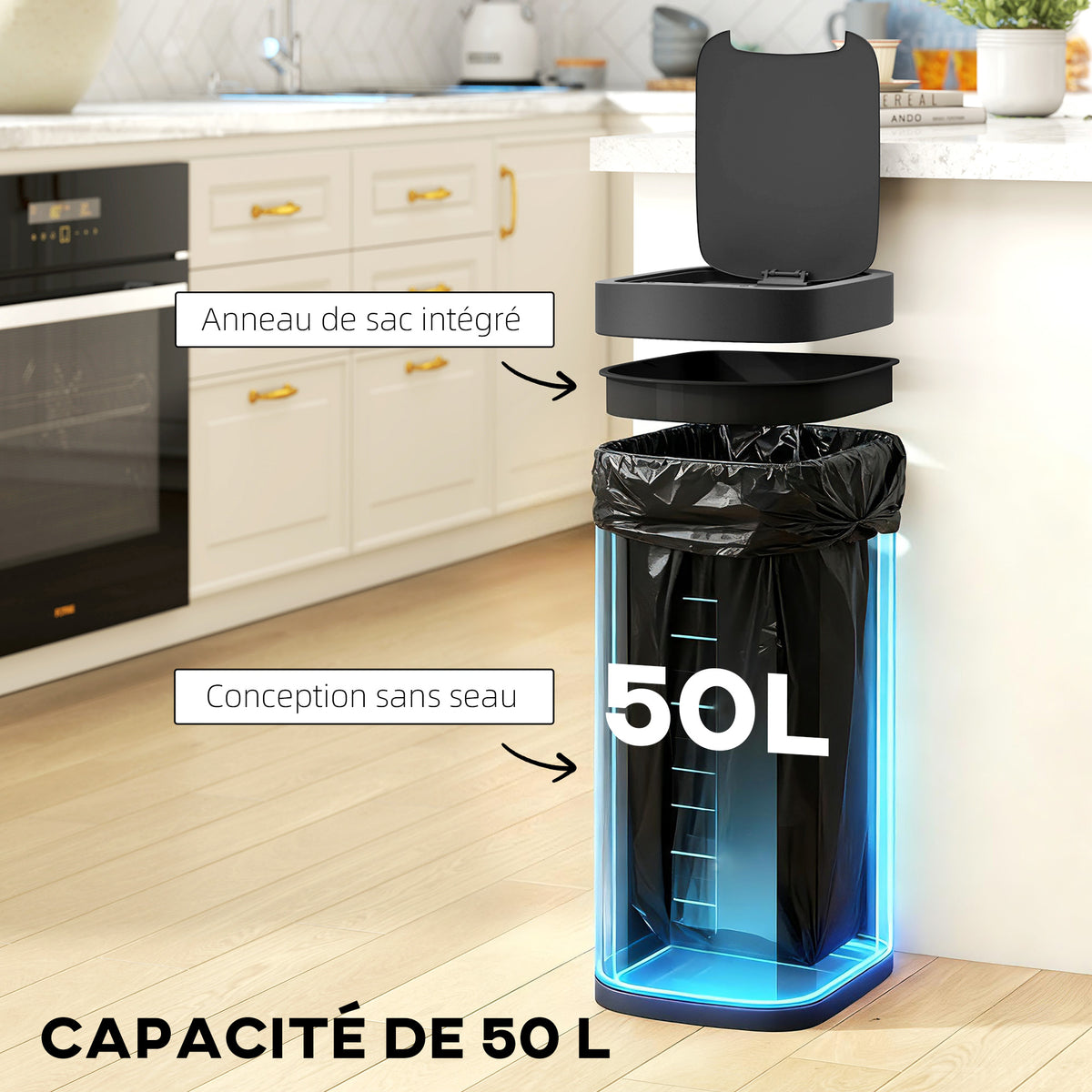 Poubelle de cuisine automatique 50L, poubelle à capteur de mouvement, fonctionne sur piles, 26,5x35,5x68cm, crème-4