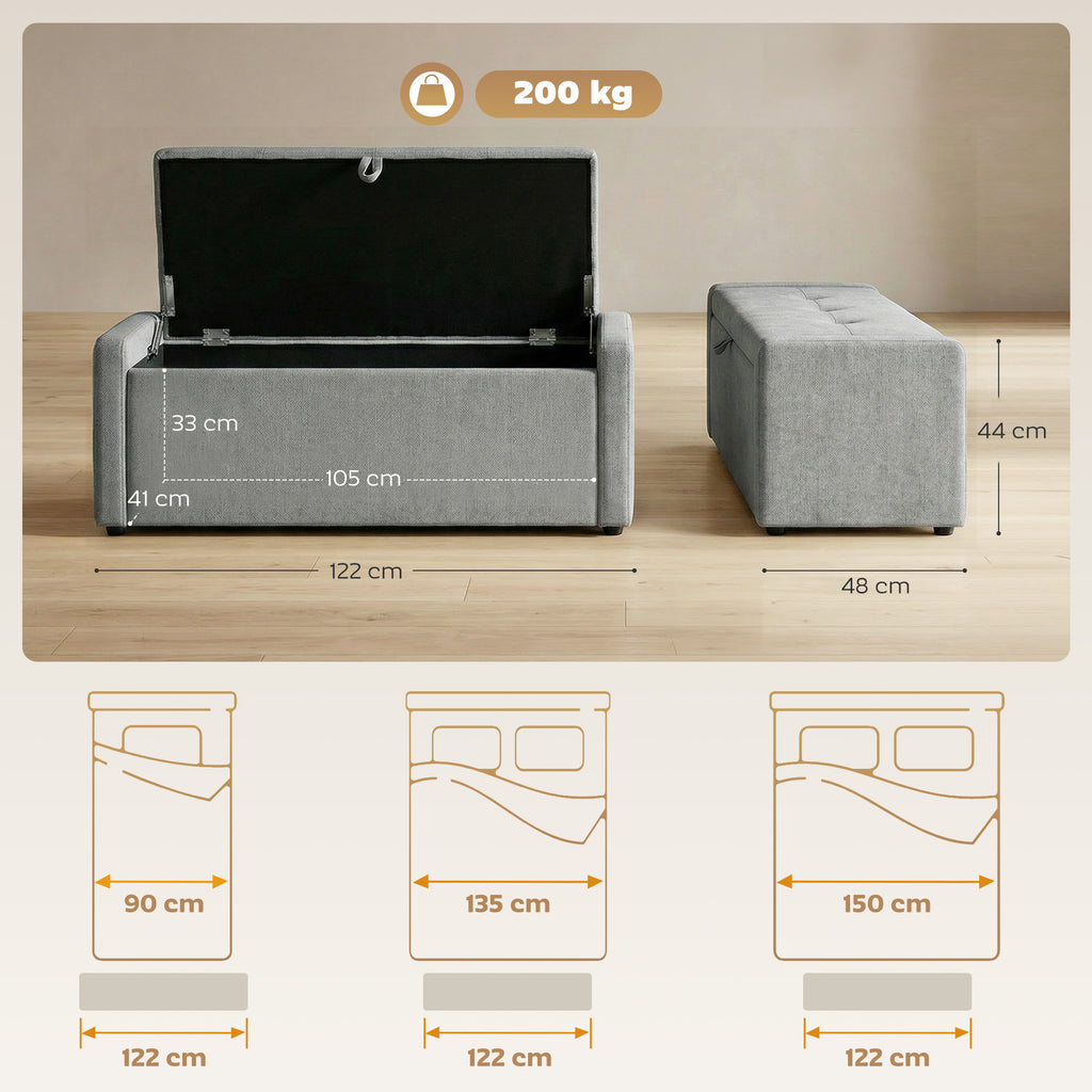 Banc de rangement, bout de lit, repose-pieds rembourré en lin avec assise large, 122 x 48 x 44 cm, gris clair-2