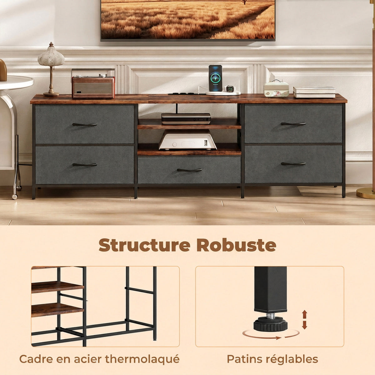 Meuble TV 160 cm, Meuble Télé 70 Pouces, Station de Charge, 5 Tiroirs en Tissu, Étagères Ouvertes, Gris Foncé-5