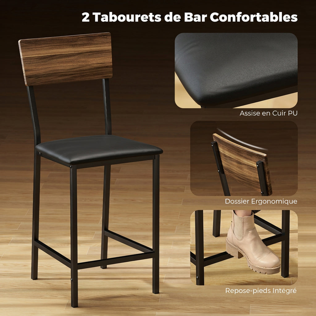 Ensemble Table de Bar avec 2 Tabourets, Table Haute de Cuisine et 2 Chaises de Bar Rembourrées PU, Noyer-4