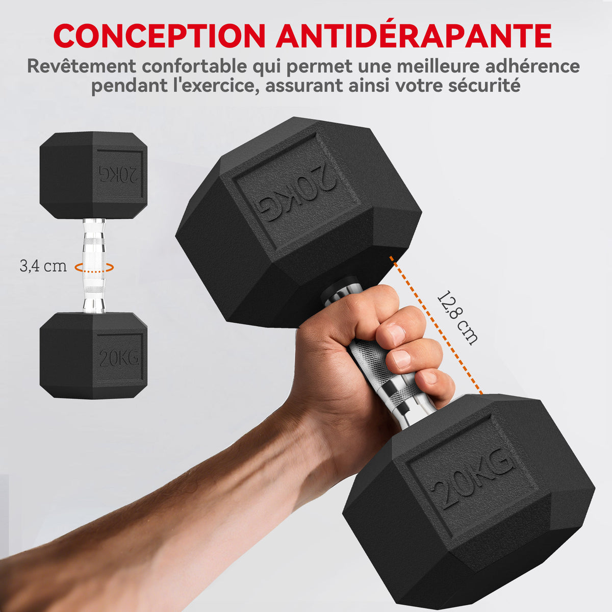 Haltère courte poids 20 Kg - 1 pièce, Haltère hexagonale entraînement musculaire & haltérophilie - métal caoutchouc noir-4