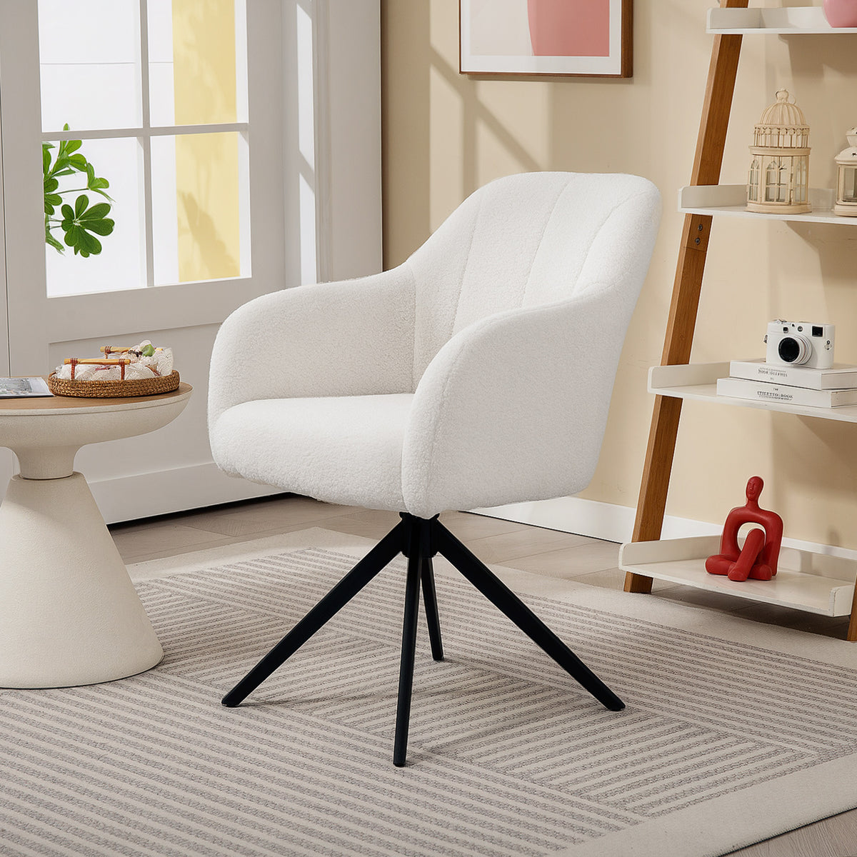 Fauteuil de salon pivotant capitonné grand confort piètement en acier et tissu effet polaire teddy blanc-9